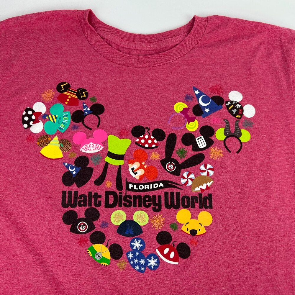 Adult Walt Disney World Ear Hat Collage T-Shirt Size XL Red Unisex Jersey Knit